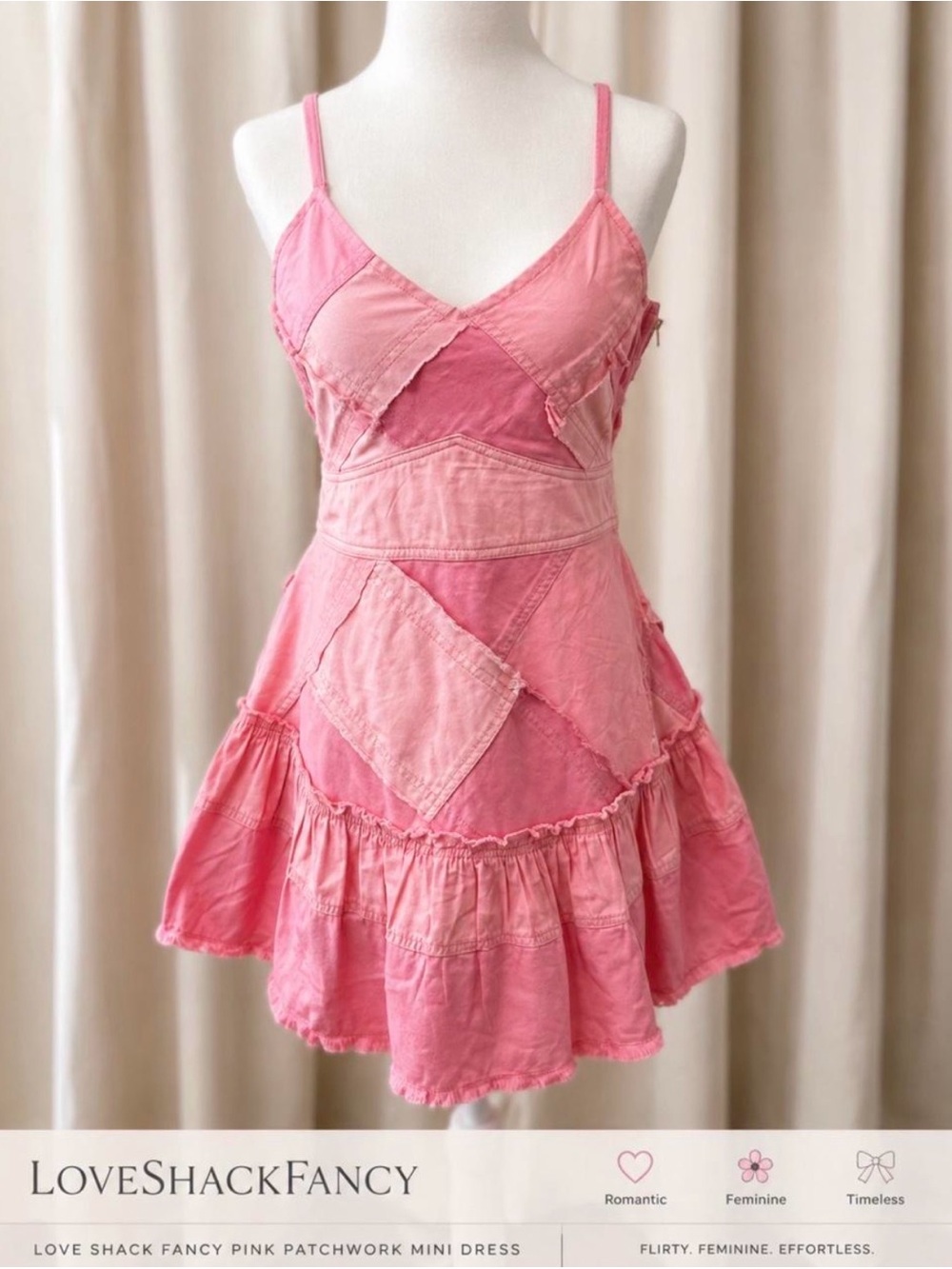 LoveShackFancy Pink Patchwork Ruffle-Hem Mini Dress